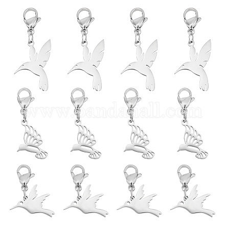 UNICRAFTALE 12pcs 3 Styles 201 Stainless Steel Bird Pendant with Lobster Clasp Metal Flat Blank Hollow Hummingbirds Jewelry Accessory with Clasp for Keychain Purse Backpack Ornament HJEW-UN0001-08-1