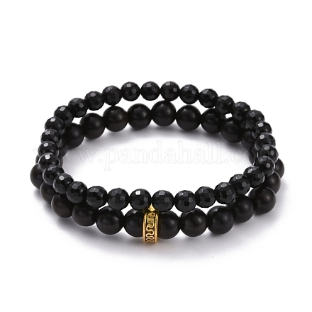 Natural Ebony Wood & Synthetic Black Stone Round Beads Stretch Bracelets Set BJEW-JB07094-1