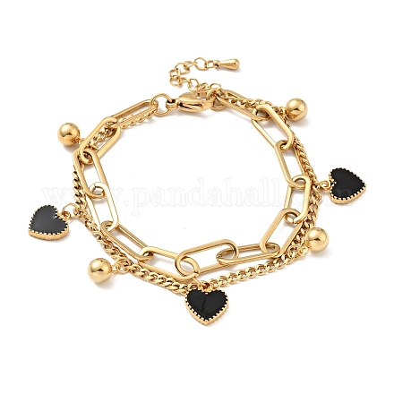 Bracelet multirangs charm cœur et boule ronde en résine BJEW-G639-28G-1
