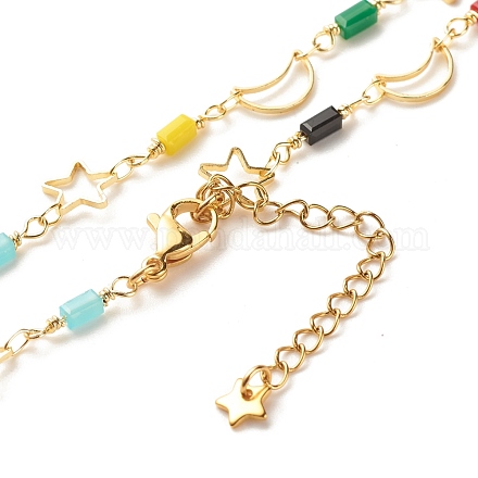 Brass Star & Moon Link Chain Necklace with Glass Beads NJEW-JN03810-1