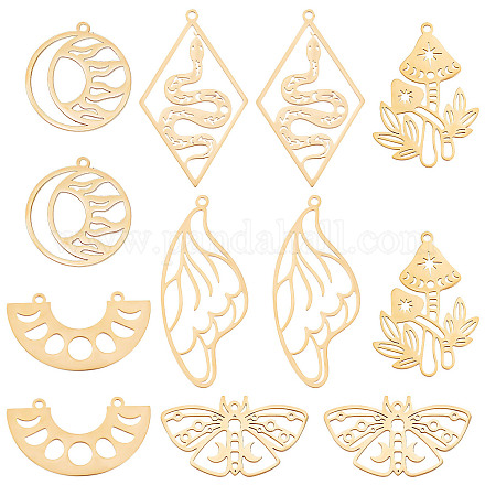 SUNNYCLUE 1 Box 12Pcs 6 Style Tarot Style Real Stainless Steel Charms Moon Phase Charm Mushroom Charms for Jewelry Making Moth Snake Butterfly Wing Charm Earrings Necklace Supplies Adult Craft Golden STAS-SC0003-88-1