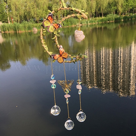 天然ローズクォーツチップペンダント装飾  ガラスのサンキャッチャー  月と蝶  450x140mm DJEW-PW0012-006B-1