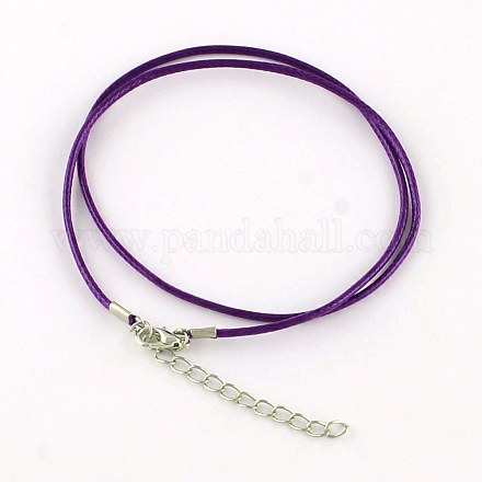 ワックスコットンコードネックレス作り  合金製カニカンとアイアンエンドチェーン付き  プラチナ  暗紫色  17.4インチ（44cm） MAK-S032-1.5mm-107-1