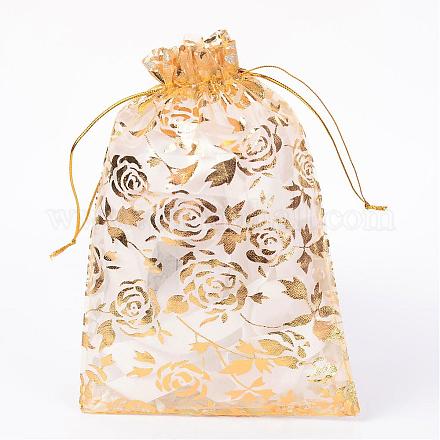 ローズプリントオーガンジーバッグ巾着袋  ギフトバッグ  長方形  ゴールデンロッド  18x13cm OP-R021-13x18-04-1