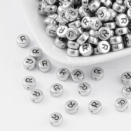 Perles de lettre à trou horizontal acrylique plaqué couleur argent MACR-PB43C9070-R-1