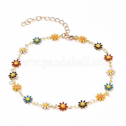 Bracelets de cheville en émail fleur en laiton doré AJEW-AN00333-01-1