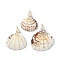 Natural Shell Copper Wire Wrapped Pendants, Shell Shaped Charms with Round Shell Pearl Beads, Light Gold, Coconut Brown, 34~42x26~33.5x7~8.5mm, Hole: 2.5~2.6mm