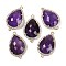 Natural Amethyst Faceted Teardrop Links, Rack Plating Brass Micro Pave Clear Cubic Zirconia Connector Charms, Golden, 26x16.5x6mm, Hole: 1.6mm and 1.4mm