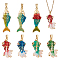 7Pcs 7 Styes Brass Rhinestone Pendants, with Enamel, Fish Charms, Golden, Mixed Color, 28~32x11.5~13.5x6.5~11mm, Hole: 4~5x2.5mm, 1pc/style