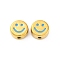 304 Stainless Steel Enamel Beads, Ion Plating(IP), Real 18K Gold Plated, Flat Round with Smiling Face, Sky Blue, 9.5~10x5mm, Hole: 1.6mm