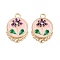 Brass Enamel Pendants, Cadmium Free & Nickel Free & Lead Free, Real 18K Gold Plated, Flat Round with Flower Charm, Pink, 32.5x22.5x4.5mm, Hole: 3mm
