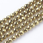 Non-Magnetic Synthetic Hematite Beads Strands, Vacuum Plating, Faceted(64 Facets), Round, Golden Plated, Gold, 3mm, Hole: 1mm