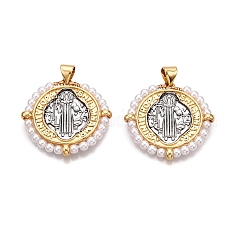 Pendenti in ottone con perle finte abs,  cadmio& piombo libero, charms a testa piatta, vero placcato oro 18k, 24.5x25x3mm, Foro: 3~3.5x4.5 mm