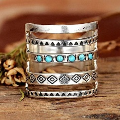 Bagues de manchette réglables en alliage de zinc avec turquoise synthétique, argent antique, diamètre intérieur : réglable