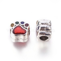 合金エナメルヨーロピアンビーズ  大穴ビーズ  犬の足跡  アンティークシルバーメタルカラー  レッド  11x10x7.5mm  穴：4.5mm&nbsp;ENAM-J061-01AS