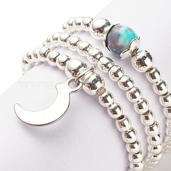 3 Uds. 3 anillos elásticos con cuentas de hematita sintética y jade blanco natural con colgante de luna creciente&nbsp;RJEW-JR00469-01