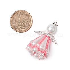 ビーズの天使のチャーム  アクリル＆合金＆ガラスシードビーズペンダント  ピンク  48x25mm  穴：3x2.5mm&nbsp;PALLOY-MZ00435-04