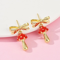 Серьги-гвоздики с подвесками из латунной эмали в виде гриба с бантом EJEW-F895-25A-G