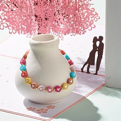 女性のためのハートビーズストレッチブレスレット付きフラットラウンド  ゴールドカラー  カラフル  内径：2-1/4インチ（5.7cm）&nbsp;BJEW-JB07552-01