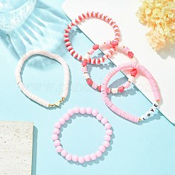 5 шт. 5 стильных браслета со словом любовь из акрила и латуни в форме сердца и полимерной глины BJEW-TA00314