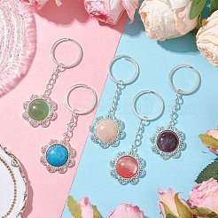 ミックスストーン＆合金フラワーペンダントキーホルダー  鉄のスプリットキーリング付き  花  プラチナ  98.5mm&nbsp;KEYC-JKC01109