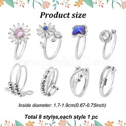 8 Stück 8 Stil Blume & Schmetterling & Diamant Strass rotierende offene Manschette Ringe Set mit Glas&nbsp;RJEW-AN0001-12