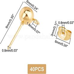 304ステンレススチールスタッドピアス金具40個  ピアスキャッチとカン付き  24KGP本金メッキ  9mm  穴：1.8mm  ピン：0.8mm  ボール：6mm&nbsp;STAS-UN0022-52