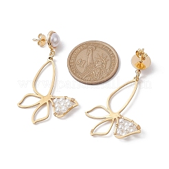 バタフライシェルパールダングルスタッドピアス  銅線ロングドロップイヤリング  ゴールドカラー  54x30.5mm&nbsp;EJEW-TA00356