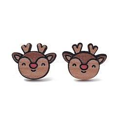 クリスマスプリントの木製スタッドピアス  女性用316ステンレスピン付き  鹿  23x28mm  ピン：0.7mm&nbsp;EJEW-D046-06