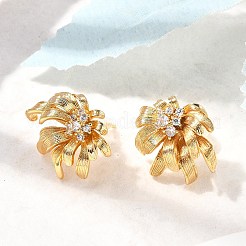 Цветок латуни микро проложить кубического циркония серьги стержня EJEW-B148-08A-G