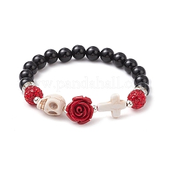 Halloween gefärbte und erhitzte Stretch-Armbänder aus natürlichem schwarzem Onyx und synthetischen Türkisperlen für Frauen&nbsp;X1-BJEW-TA00665