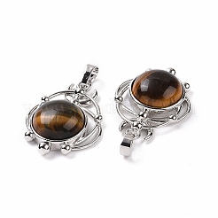 天然石タイガーアイペンダント  半円チャーム  ラックメッキプラチナトーンブラスプラネット付き  34x25x8mm  穴：8x5mm&nbsp;G-P496-05P-14
