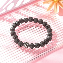 Pulsera elástica de cuentas redondas de acero inoxidable quirúrgico 316 y roca de lava natural&nbsp;BJEW-JB09440