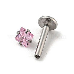 304ステンレススチール製ねじ付きフラットバックイヤリング  キュービックジルコニア軟骨イヤリング  ピンク  11x4mm  スクエア：3.5x3.5mm&nbsp;EJEW-NH0001-01D-01