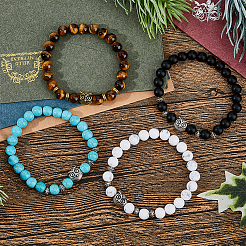 4 ensemble de bracelets extensibles en perles de hibou en pierres précieuses naturelles et synthétiques mélangées&nbsp;BJEW-FI0001-04
