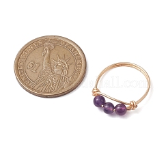 Кольца на палец с круглыми бусинами и натуральным драгоценным камнем из медной проволоки для женщин&nbsp;RJEW-JR00736