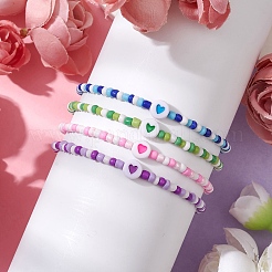 4 braccialetto elasticizzato con perline di semi di vetro e cuore acrilico in 4 colori&nbsp;BJEW-JB10528
