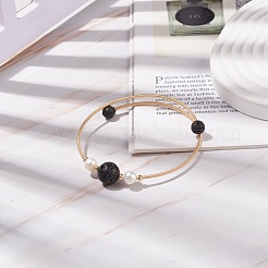 Bracciale rigido con perline rotonde in pietra lavica e perle naturali&nbsp;BJEW-JB08464-01