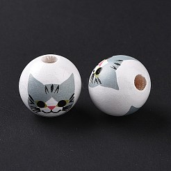 プリントウッドヨーロピアンビーズ  大穴ビーズ  猫柄のラウンド  グレー  15.5~16x14.5~15mm  穴：4.6mm&nbsp;WOOD-B005-01D