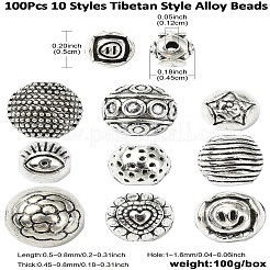 100個10スタイルチベットスタイルアロイビーズ  ラウンド  アンティークシルバー  5~8x4.5~8mm  穴：1~1.6mm  10ps/スタイル&nbsp;FIND-CJ0003-19