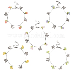 5 шт. браслеты на ногу из латунной цепочки с подвесками в виде бабочки и стеклянного цветка из нержавеющей стали 201 цвета&nbsp;AJEW-AN00736