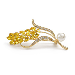 Rhinestone Wheat Brooch Pin with Plastic Pearl Beaded, Alloy Lapel Pin for Backpack Clothes, Light Gold, 69.5x33.5x11mm