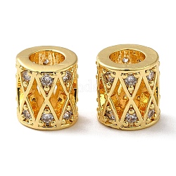 Brass Micro Pave Cubic Zirconia European Beads, Large Beads, Column with Hollow Rhombus, Real 18K Gold Plated, 8x7.5mm, Hole: 4mm