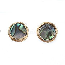 Abalone Shell/Paua Shell Stud Earrings, with Copper Wire, Brass Stud Earring Findings and Ear Nuts, with Cardboard Packing Box, Flat Round, Golden, 11mm, Pin: 0.7mm