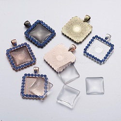 Sistemas de la joya DIY, bases pendientes de cabujón bisel de rhinestone de aleación y cabujones de vidrio transparente, cuadrado, zafiro luz, 38x29x3mm, agujero: 6x4.5 mm, cabujón de cristal: 20x20 mm