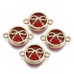 Connecteurs de liens en verre, avec accessoires en alliage plaqué d'or clair, plat et circulaire avec bowknot, rouge foncé, 13.5x19.5x6.5mm, Trou: 1.6mm