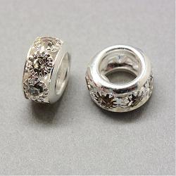 Abalorios de Diamante de imitación de latón, Abalorios de grande agujero, rerondana plana, color plateado, 10x5mm, agujero: 5.5 mm