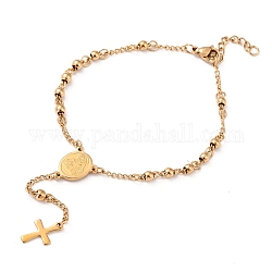 Rosenkranz Perlen Armbänder mit Kreuz, 304 Edelstahlarmband für Ostern, Oval mit Jungfrau Maria, golden, 9 Zoll (23 cm)
