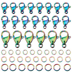 SUNNYCLUE 60Pcs 3 Size Rainbow Color 304 Stainless Steel Lobster Claw Clasps, with 60Pcs 201 & 304 Stainless Steel Jump Rings, 10~15x7~10x3~4mm, Hole: 1.2~2.2mm, 20Pcs/size