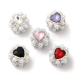 Perles de strass en argile polymère, avec perle d'imitation, cœur, couleur mixte, 17.5x17x14mm, Trou: 1.6mm